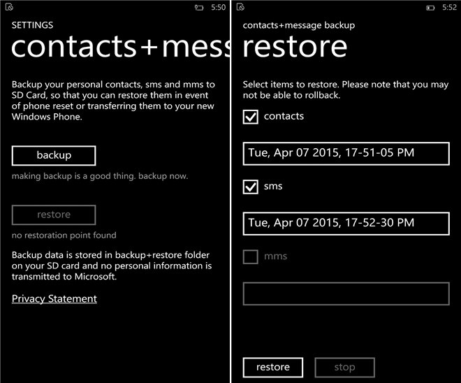 Contacts+Messages Backup Screen