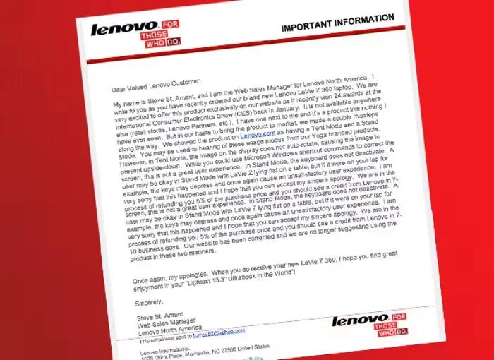 Letter From Lenovo Admitting Flaws In LaVie Z 360