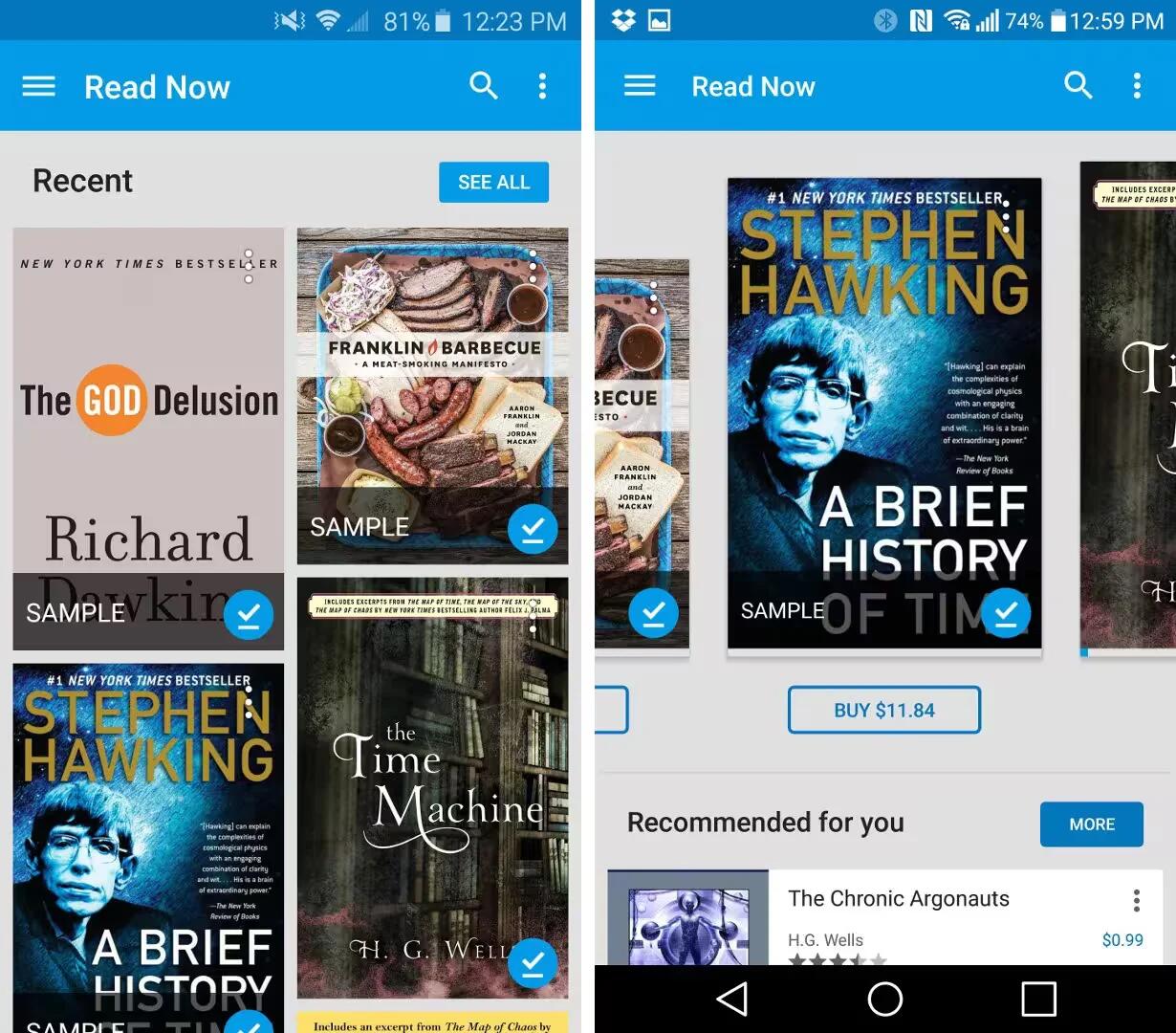 Google Play Books - Read Now (Left: Old, Right New)