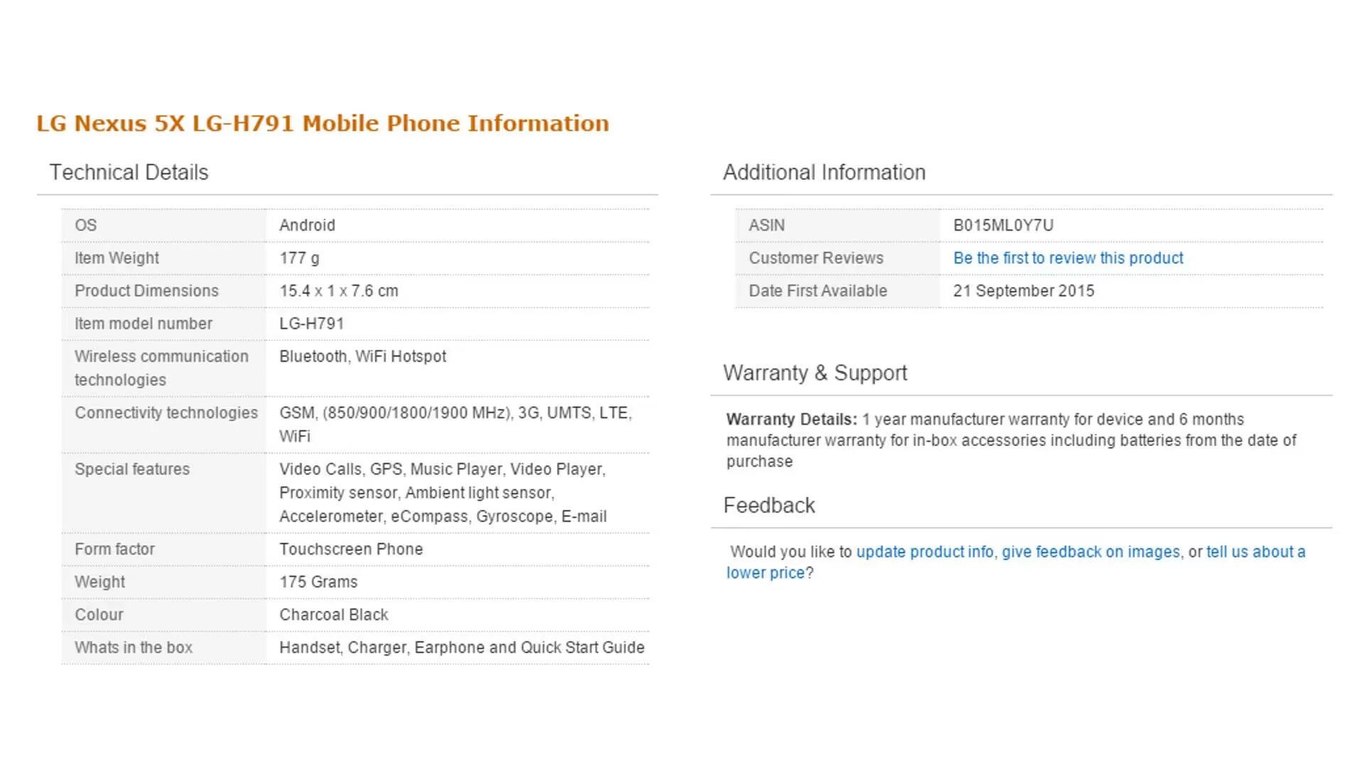 Google Nexus 5X - Specs Listed In Amazon India