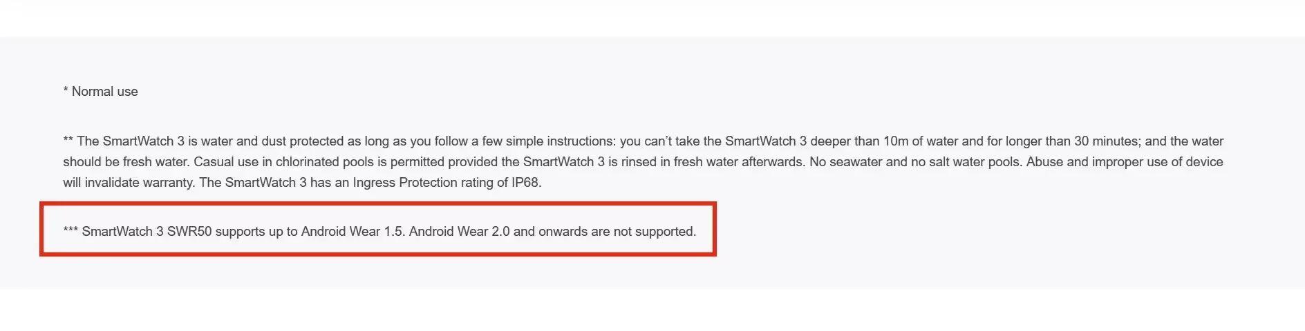 Sony Smartwatch 3 - Product Page Notes On Android Wear Support