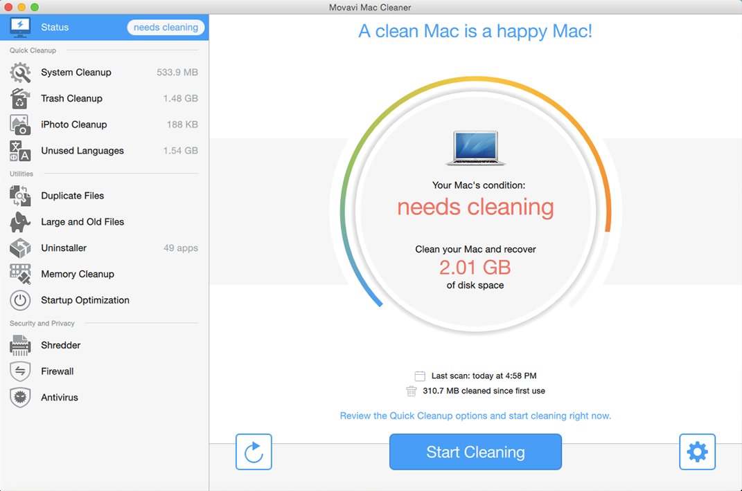 Movavi Mac Cleaner - Status