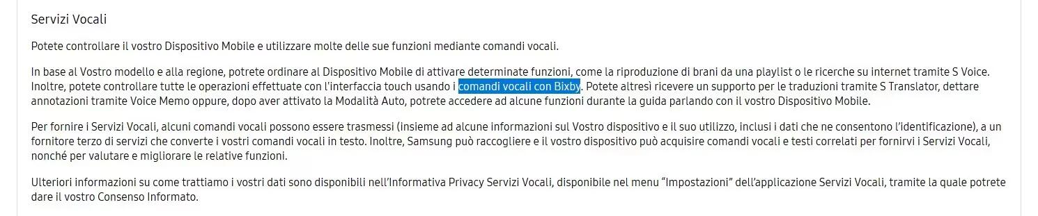 Samsung Italy - Privacy Document Mentions "Bixby"