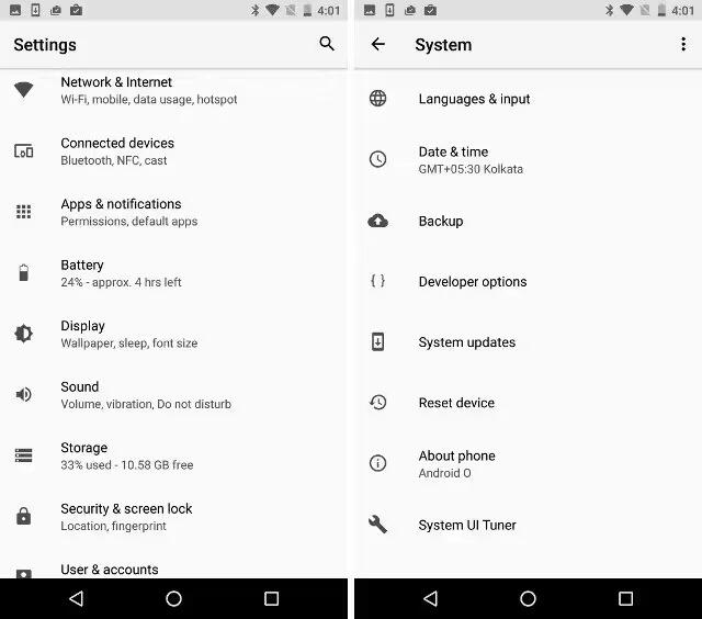 Android O - Redesigned Settings Page