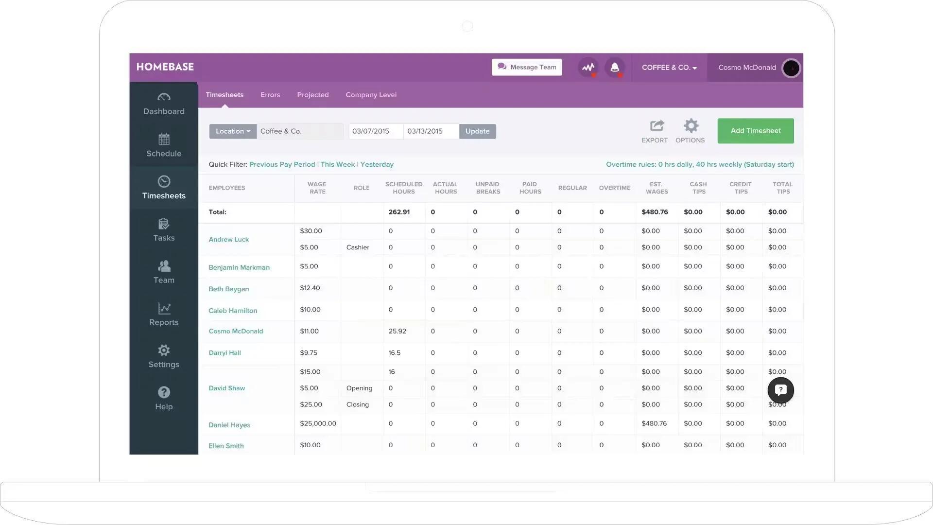 Homebase - Timesheets