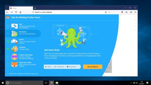 Mozilla Firefox Photon UI For Windows - Tips Screen To Add Extensions