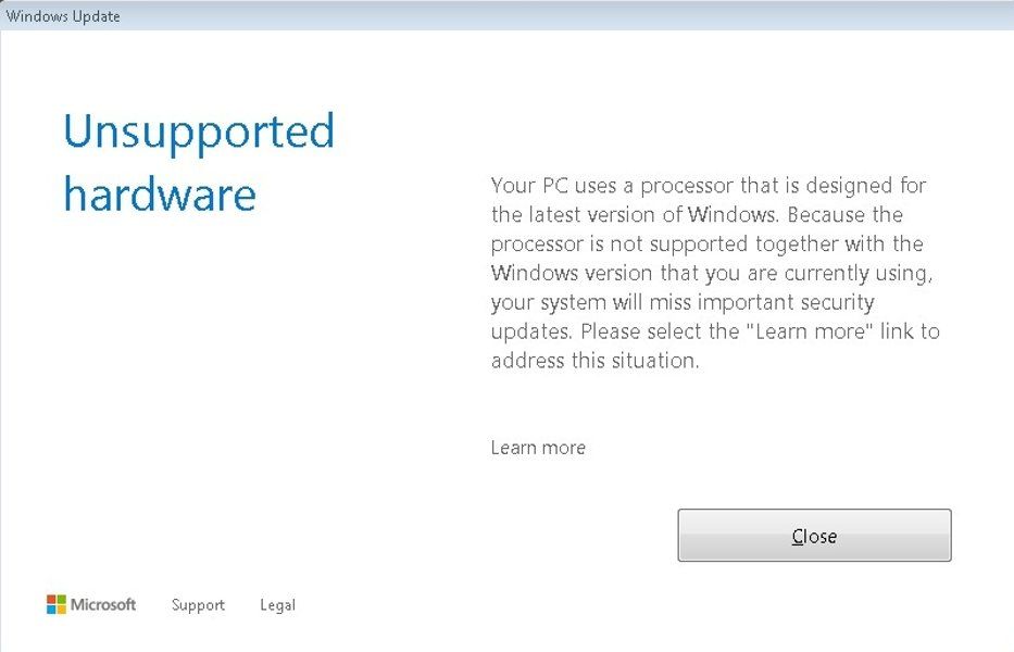 Windows Update Warning Unsupported Hardware