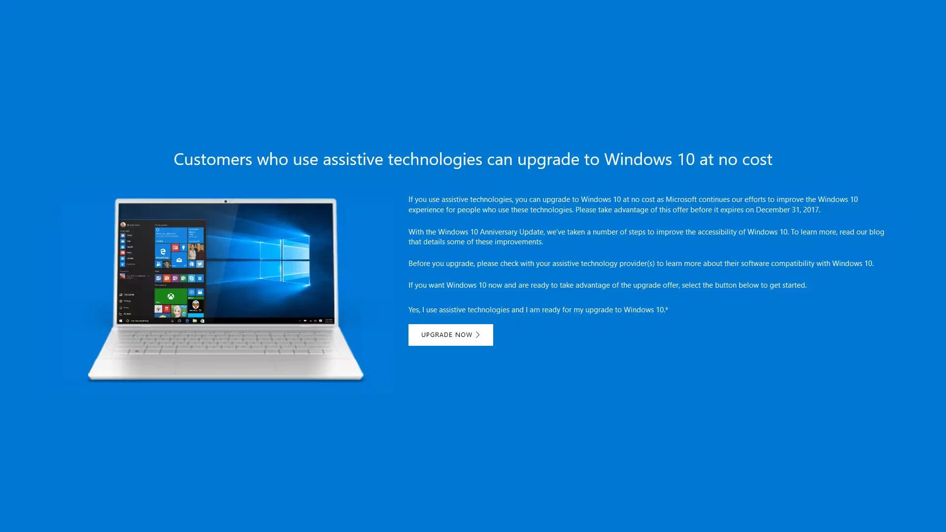 Microsoft Ends Free Windows 10 Upgrade For Customers Who Use Assistive Technologies