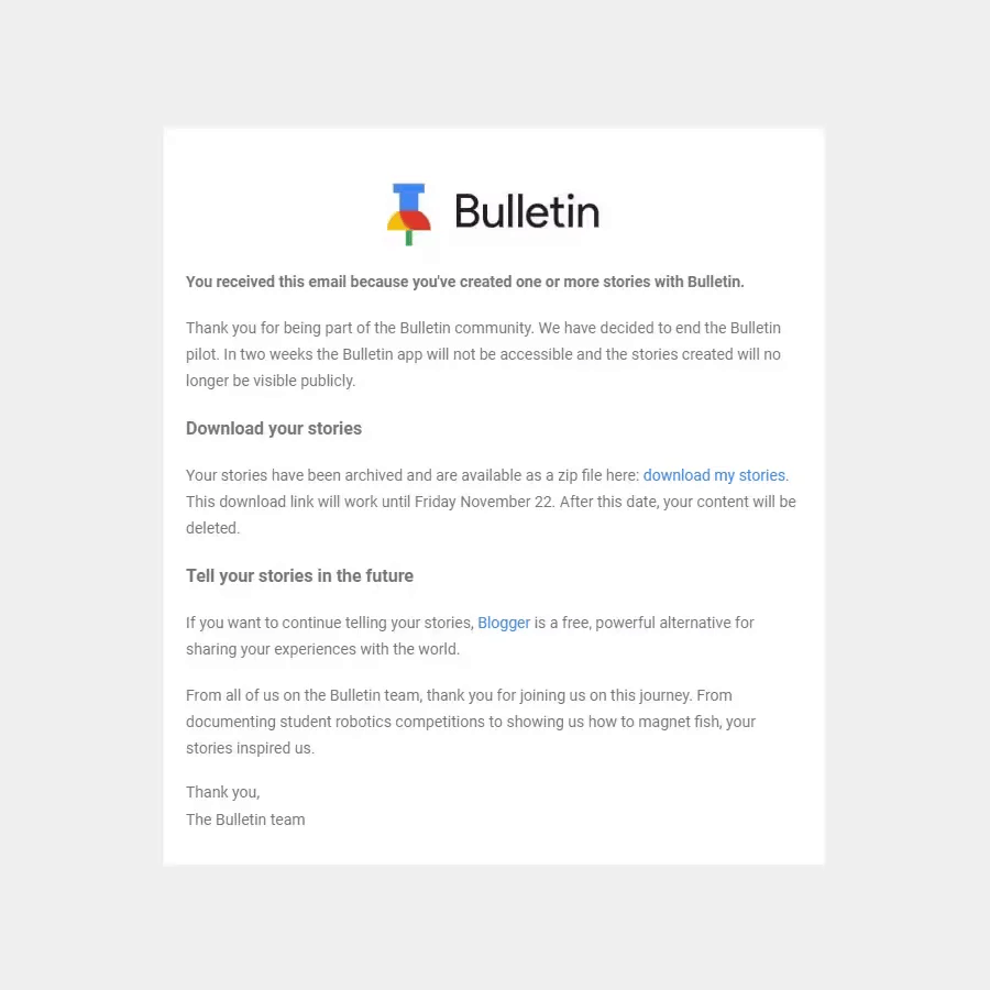 Google Bulletin - Shutdown Notice